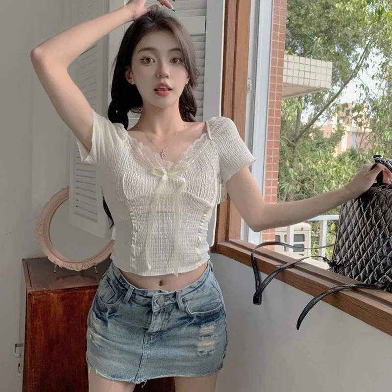 Vintage Lace Patchwork Summer Crop Tops Women 2024 Casual Short Sleeve Blusas Femininas Korean Style Bow Corset Top Shirts y2k