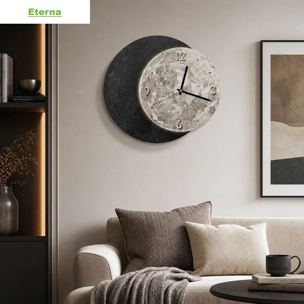 Vintage Wooden Wall Clock 40CM Black Moon Design Silent Non-Ticking for Living Room Bedroom Home Decor
