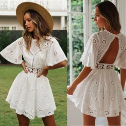 Elegant Women's White Dresses 2023 Summer Cotton Embroidery Hollow Open Back Female Sexy Dress