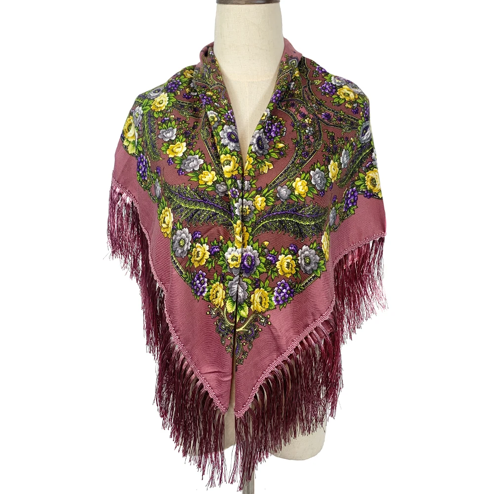 110*110cm Bohe Style Cotton Printed Square Scarf for Women Russian National Scarves Ethnic Fringed Shawl Lady Winter Blanket