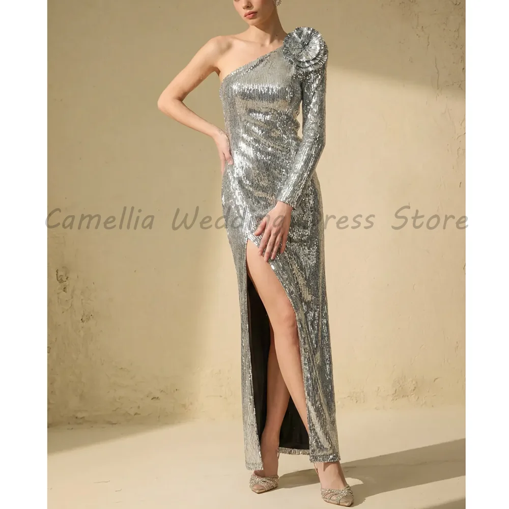 

Silver One Shoulder Sequin Maxi Evening Dress Luxury 3D Flower Long Sleeve High Slit Formal Prom Gown for Women