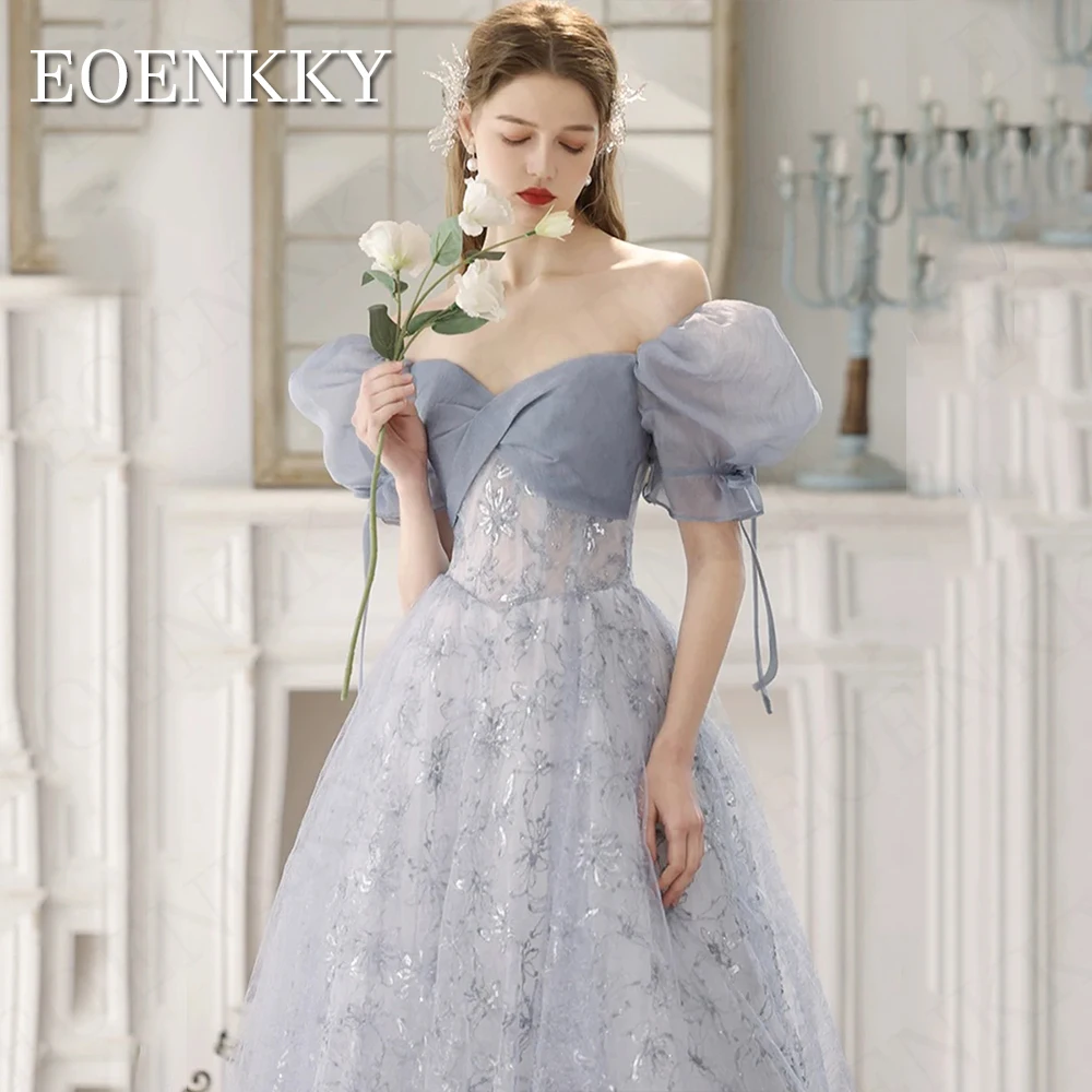 Blue Puff Sleeves Prom Dress Lantejoulas Lace Floor Length Evening Party Dress Tulle Backless Womenvestidos de noche elegantes 2024 Vestido de baile azul com mangas bufantes  Vestido de festa com renda com lantejoulas