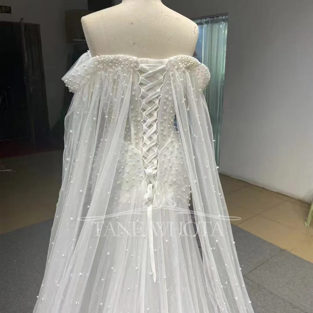 Vestido Para Boda Civil Sweetheart fuera del hombro con cordones en la espalda rebordear Vestido de Novia Sexy Vestido de Novia de sirena personalizado