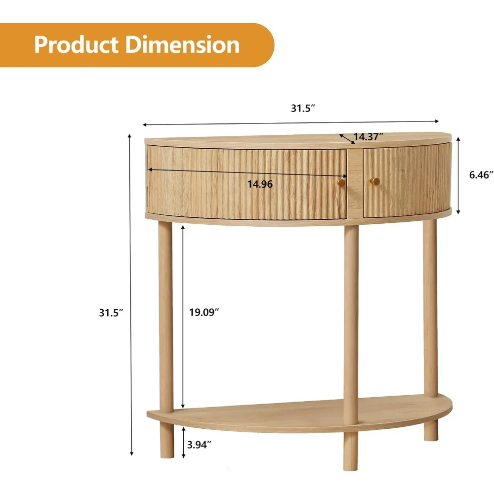 Fluted Half Moon Console Table, Modern Small Entry Table Sofa Table with Storage, Solid Wood Legs Narrow Entryway Table