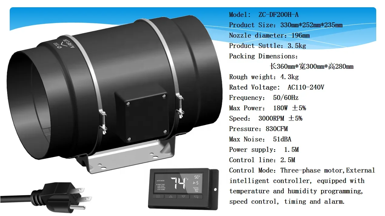 Silent 8 inch ec Duct Fan with Temperature Humidity Controller Ventilation Ceiling Exhaust Fan for Grow Tents Hydroponics