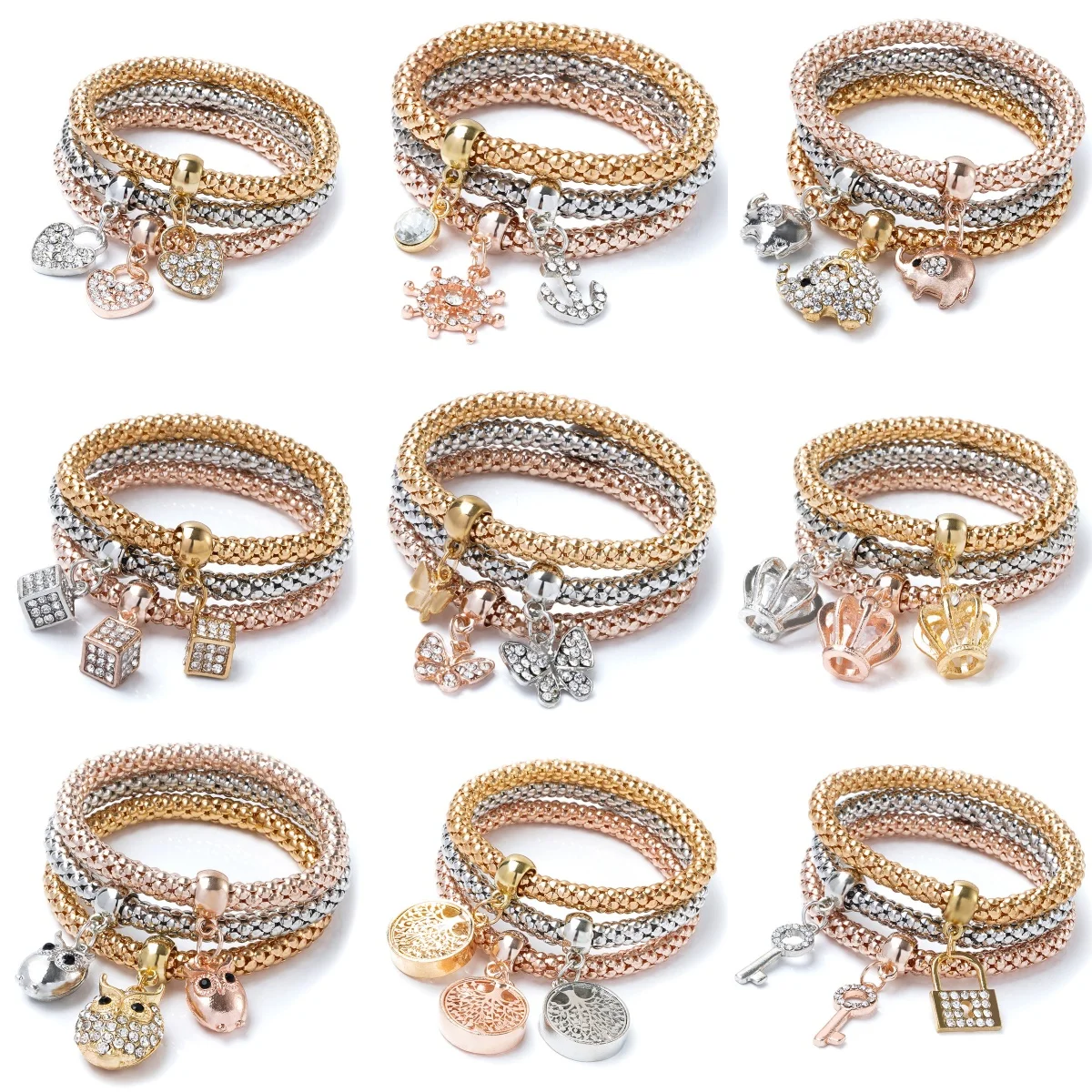 3pcs/set Elastic Popcorn Corn Bracelet Gold Silver Plated 3 Color Love Butterfly Crown Boat Anchor Jewelry Valentine Day Gifts ﻿