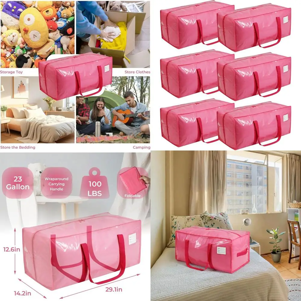 

Heavy-Duty 6-Pack Large Moving Bags with Ergonomic Handles and Durable Zips - Pink, Space-Saving Storage for College and Moving