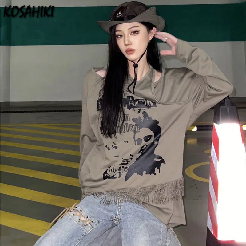 KOSAHIKI Aesthetic Sweatshirt Women Crewneck Long Sleeve Vintage 90s Sweat Femme Cartoon Print Girl Pullover Tops