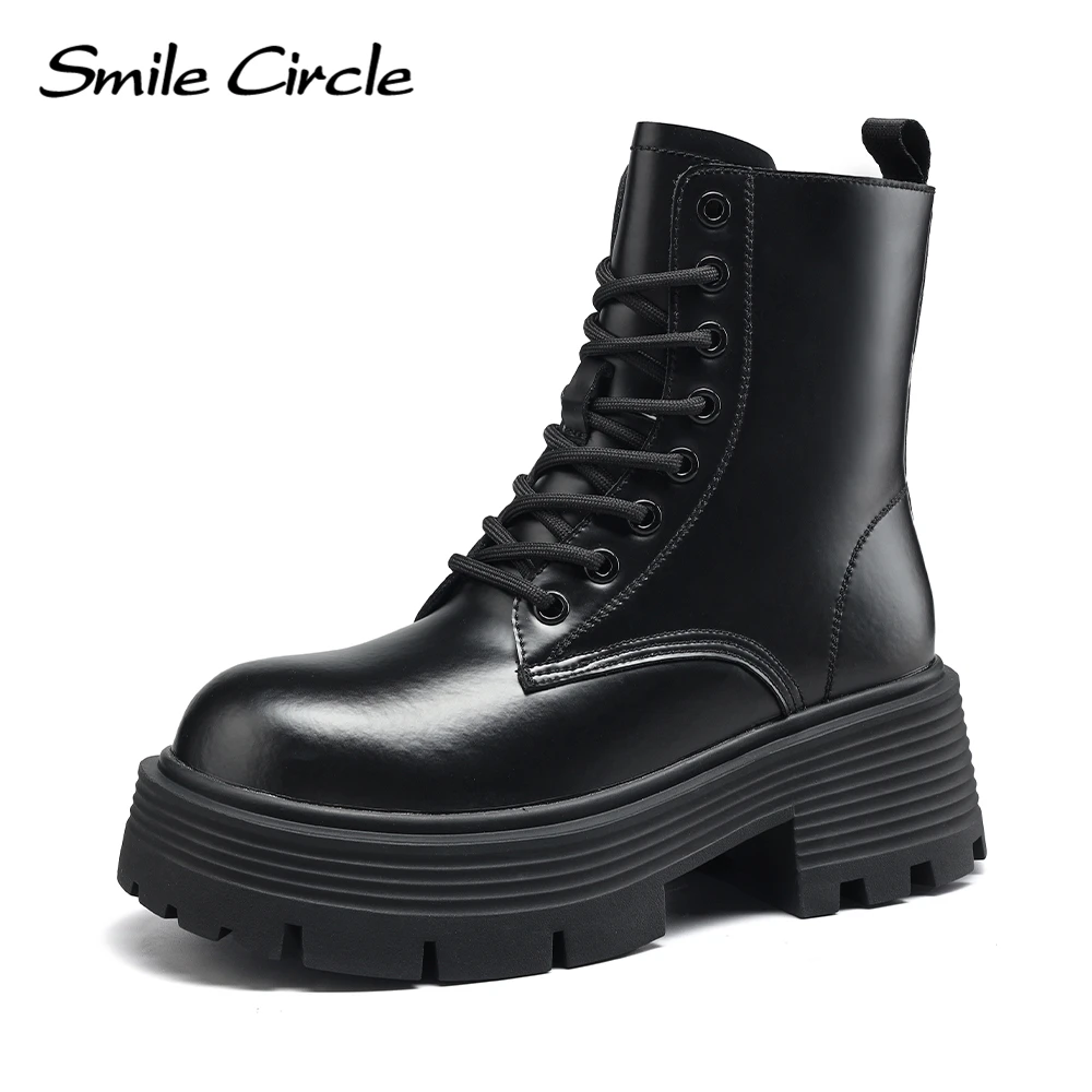 

Smile Circle Chunky Boots Women Genuine Leather Platform Boots Winter Warm Plush Thick bottom Motorcycle Boots Round Toe Lace-up