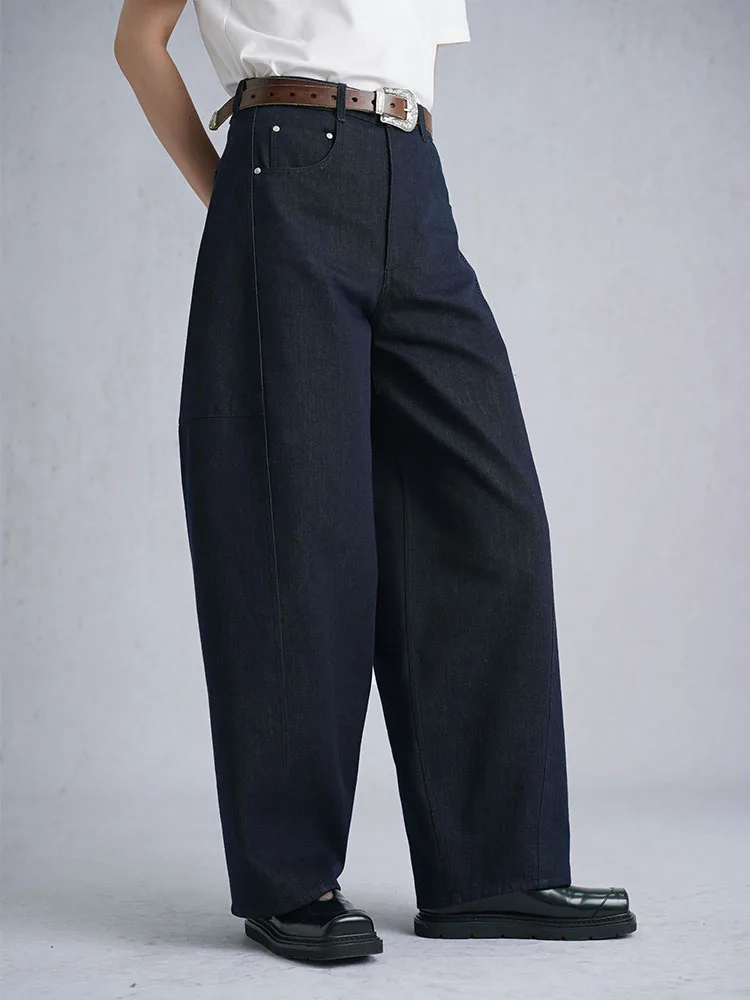 

AshDust Vintage Original Color Silkworm Shaped Wide Leg Jeans Women's Bend Knife Not Fading Deep Blue Casual Zipper Style
