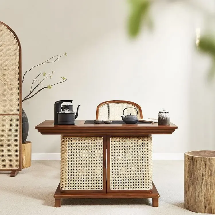 Neo-Sino Style Solid Wood & Rattan Tea Table – Compact with Integrated Tea Cabinet, Zen-Inspired for B&B & Modern Home