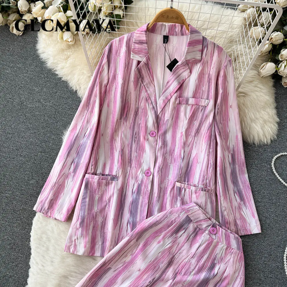 GLCMYAYA Vintage Chic Tie Dye Printed Women Single Breasted Blazer and Wide Leg Straight Pants Suit Two 2 Piece Set Outfits 2023