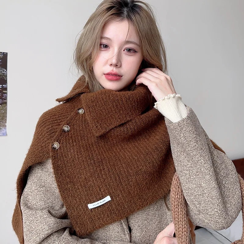 Cloak Poncho Cape Button split shawl for women's high-quality Korean version versatile knitted cape shawl Coffee