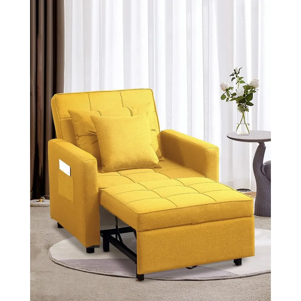 

[Updated Convertible Chair Bed, Sleeper Sofa 3 in 1, Stepless Adjustable Backrest,Armchair, Sofa, Bed, Linen, Yellow, Single On