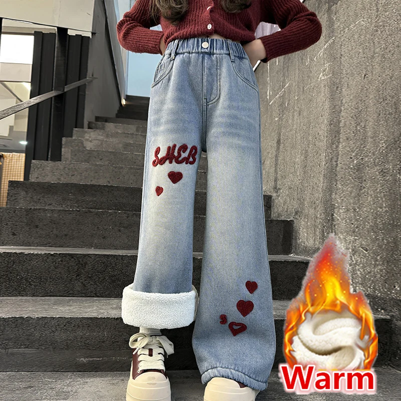 Kids Winter Insulated Jeans with Embroidery Heart For Girls Loose Straight Fit Cashmere Lined Denim Pants Child Warm Trousers