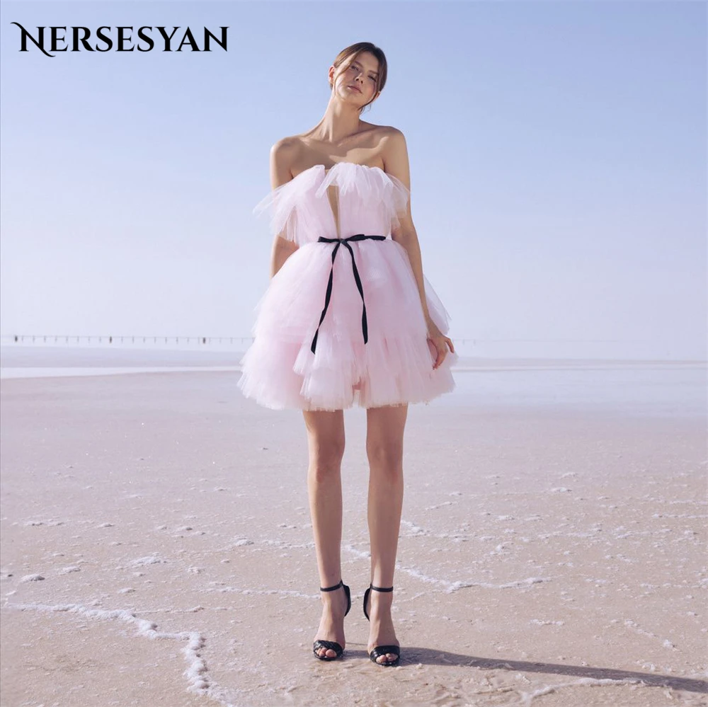 

Nersesyan Baby Pink Elegant Formal Prom Dresses Off Shoulder Draped A-Line Tiered Ruffles Evening Dress Graduation Party Gowns