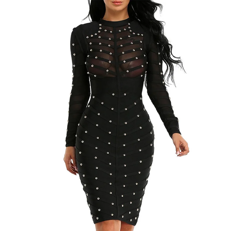 

European and American fashion elegant sexy party banquet dress women's beaded mesh long-sleeved slim dress
