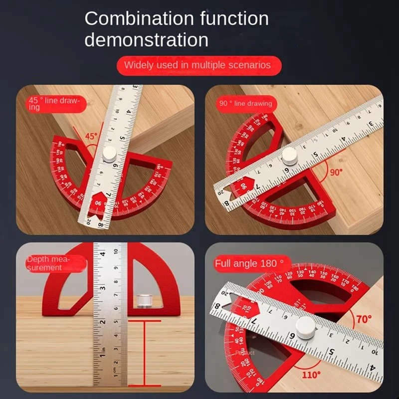 Multi-Functional Angle Ruler 45/90 Degree Semi-Circular Measuring Aluminum Alloy 12Inch