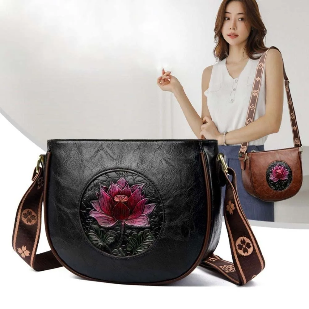 

Elegant Middle Aged Mom Bag Soft Leather Casual Lotus Embossed Shoulder Bag Anti-splash Water Printed Wide Strap