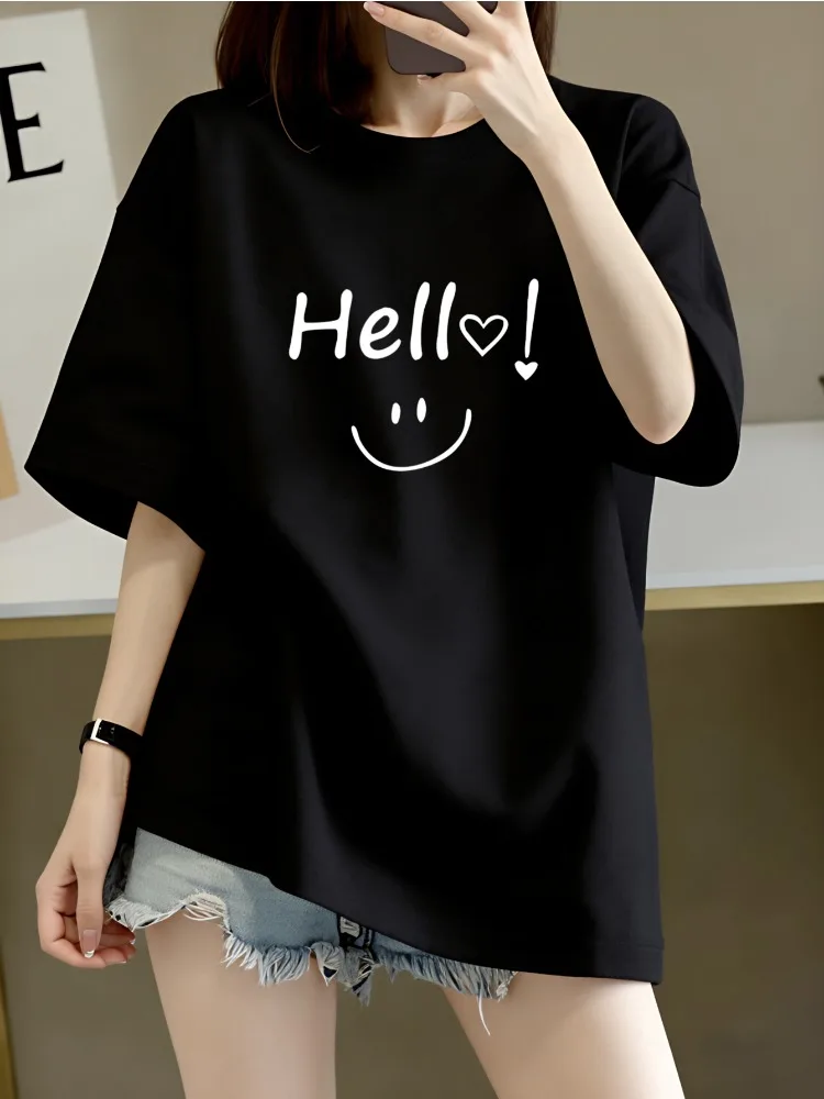 Hello, Heart-shaped Smile Printed Women's Pure Cotton T-shirt Short Sleeved Casual and Classic Fashionable Round Neck Top Gift