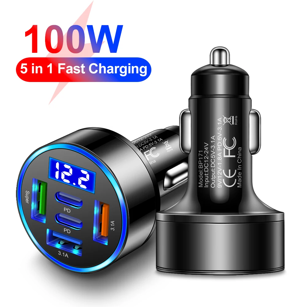 100W 5 Ports Car Charger Fast Charging PD QC3.0 USB C Car Phone Charger Type C Adapter in Car For iPhone Samsung Huawei Xiaomi