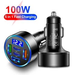 차량용 고속 충전 충전기, 아이폰, 삼성, 화웨이, 샤오미, 100W, 5 포트, PD QC3.0, USB C, 차량용 전화 충전기, C 타입 어댑터