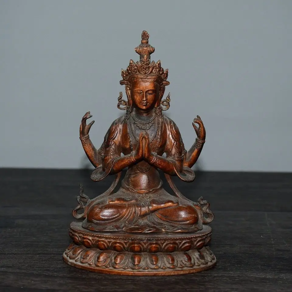 Hand Carved Wood Four arms Guanyin Statue Figurine Desktop Ornaments Home Decoration