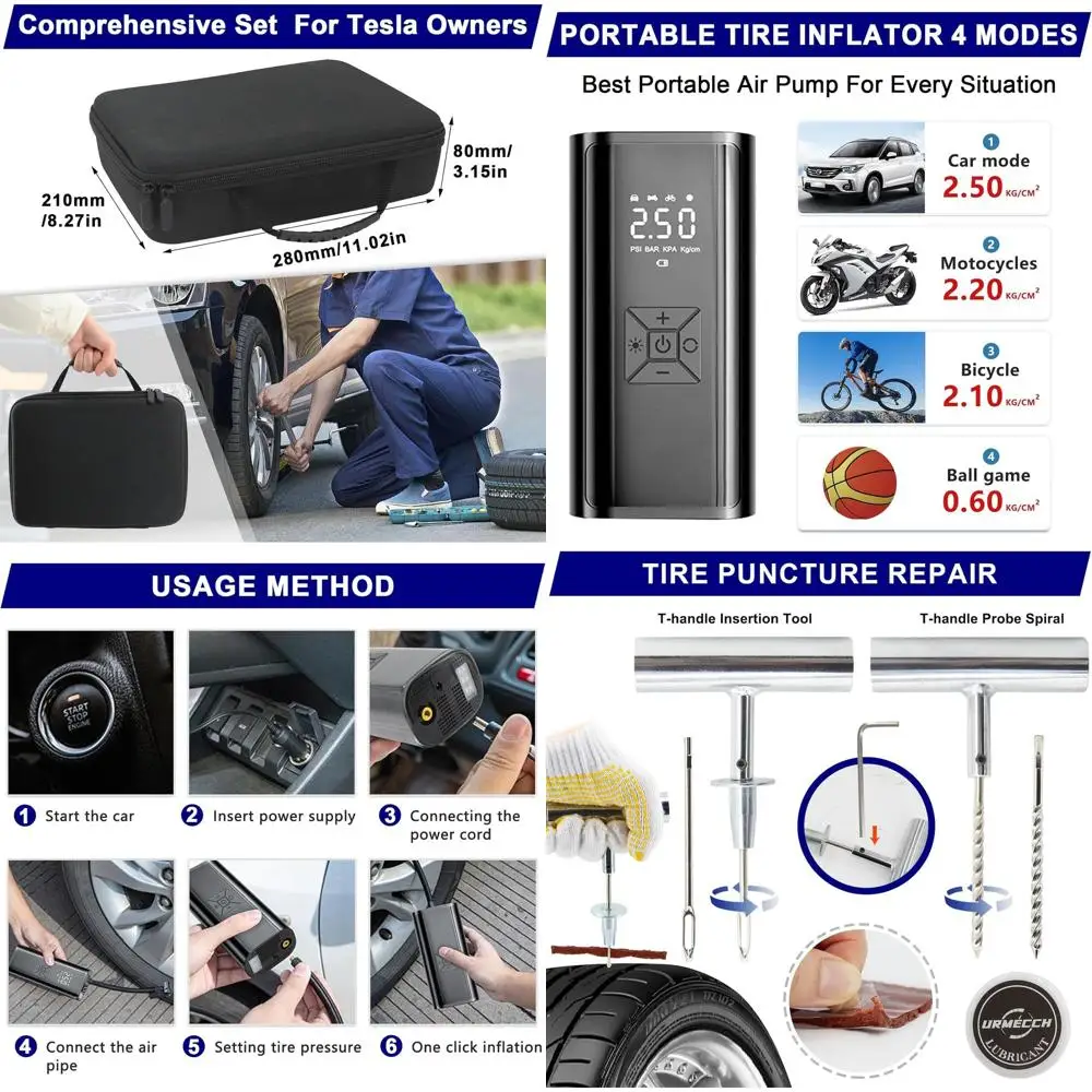 

4-Piece Lighting Jack Pads, Tire Repair Kit, and Digital Air Compressor Pump - Portable Car Repair Tool Set