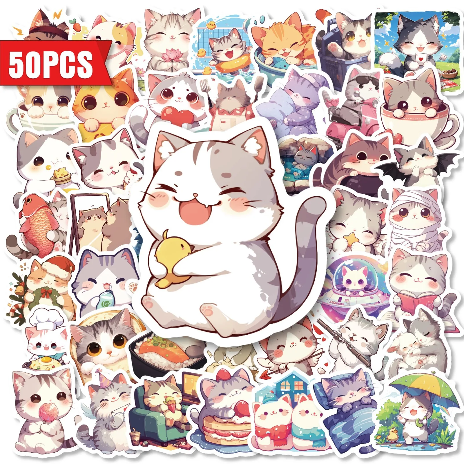 Japanese Daily Lifestyle - สติกเกอร์ลายการ์ตูนแมวน่ารักสไตล์ญี่ปุ่น 50 แผ่น สำหรับตกแต่งสมุดบันทึกและไดอารี่