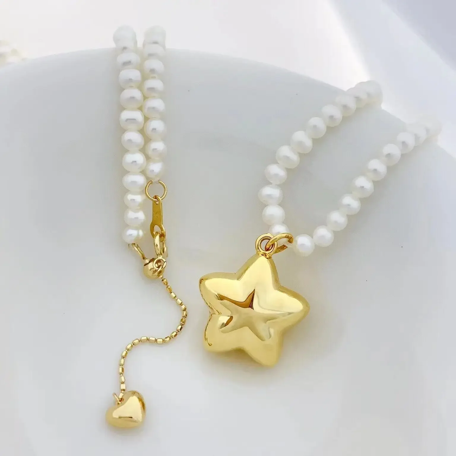 DSHIJOJ 4-5mm Round pearl Women Necklace Natural white Color 18K Gold Pendant Cute Style Moon Star Heart Optional