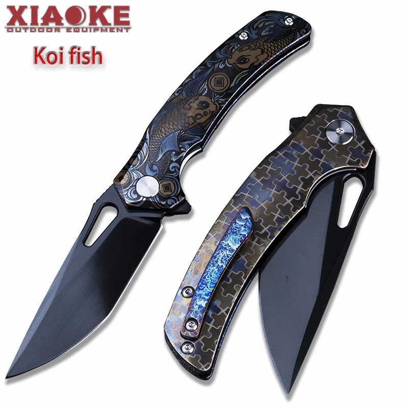Premium M390 Titanium Folding Knife DLC Coated Blade Laser Engraved Koi Pattern Handle, Outdoor EDC Camping Collectible Gift.