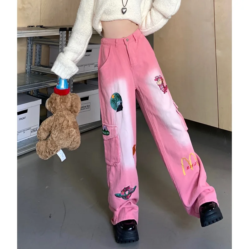 

Women Pink Jeans High Quality High Waist American Street Wide Leg Pants Embroidery Hip Hop Vintage Straight 2024 Autumn Trousers