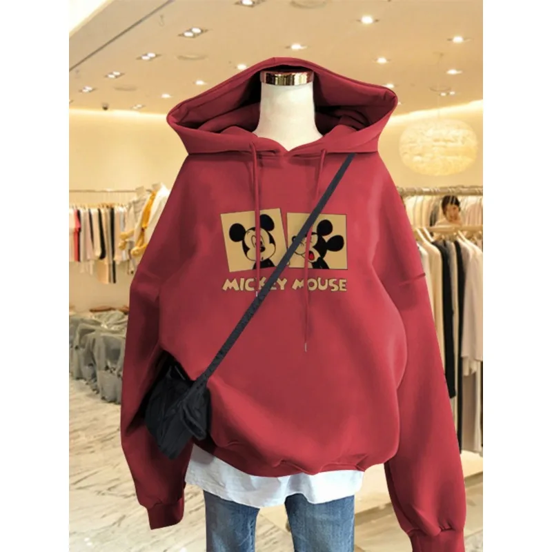 

Women's 2026 Korean Style Burgundy Mickey Hoodie - Fleece Lined Loose Slouchy Longline Spring Autumn Lightweight Tops