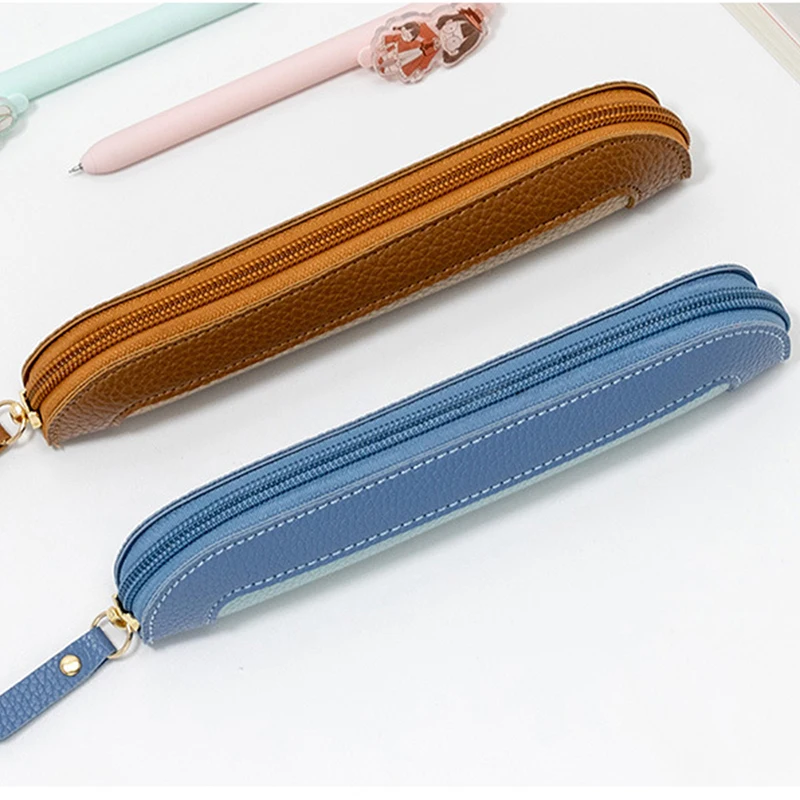 Porte-stylo en cuir PU avec fermeture éclair, étui à crayons pour étudiants, sac à stylo décontracté, stockage de papeterie, joli cadeau, évaluation, affaires de mode