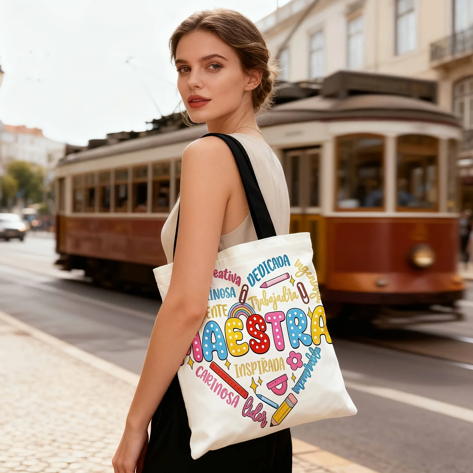 1pc Tote Bag,Colorful Teacher Heart Artwork with Large Capacity and Durable Handles for Casual Shopping Daily Shoulder Bag Gift