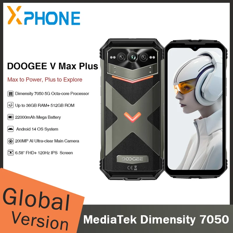 DOOGEE V Max Plus Rugged Phone 36GB+512GB 6.58'' Dimensity 7050 200MP Ai Camera 22000mAh NFC Android 14 5G Smartphone