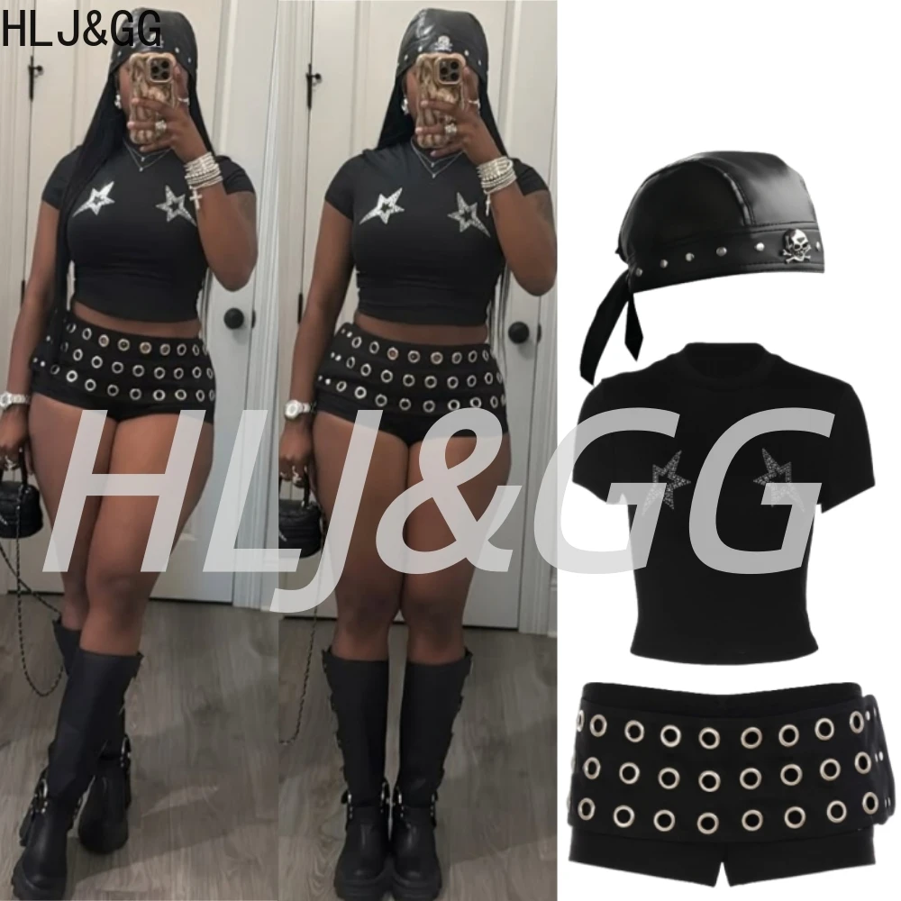 

HLJ&GG Black Y2K Fashion Punk Hollow Shorts Two Piece Sets Women Round Neck Rhinestone Slim Crop Top + Shorts Outfits Streetwear