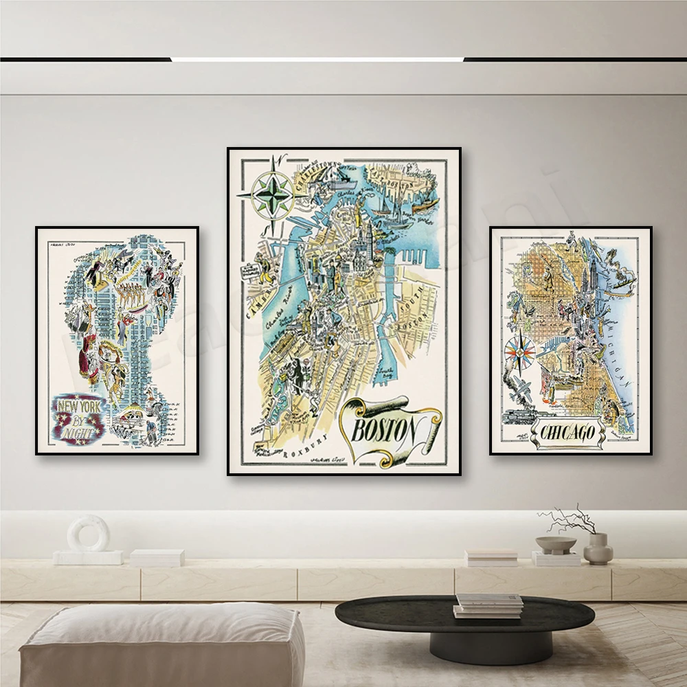 

New York at night map, New York City graphic, Chicago graphic map, Boston map, San Francisco graphic map, vintage city map poste