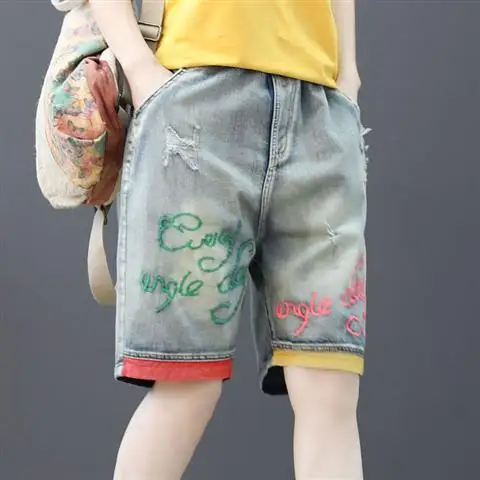 Sommer Neue Retro Stickerei Lose Zerrissene Blume Elastische High-Taille Harem Denim Shorts Für Frauen