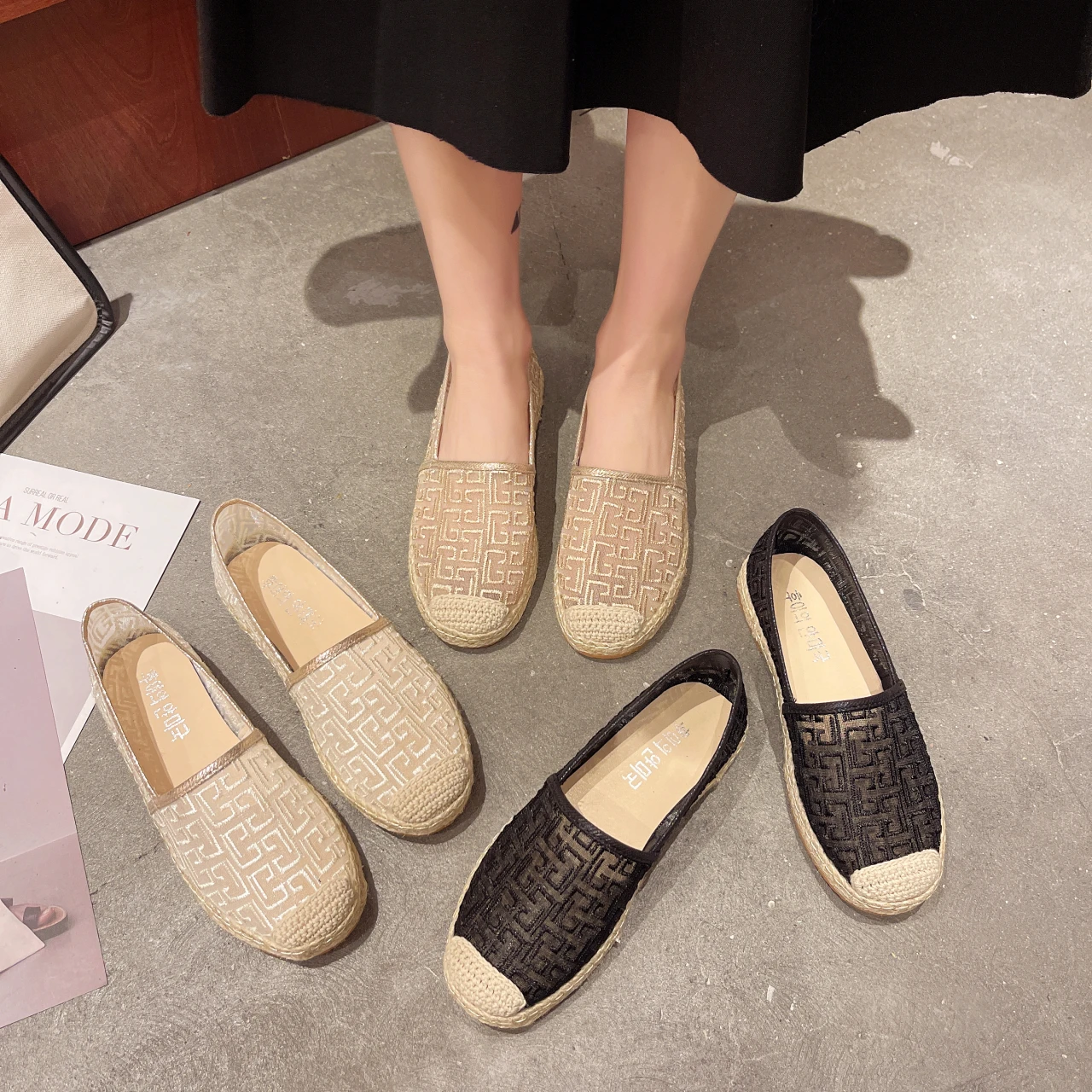 Elegent Flax Breathable Mesh Canvas Espadrille Flats Comfortable Women Elegent Weave Embroidery Pattern Designer  Espadrille