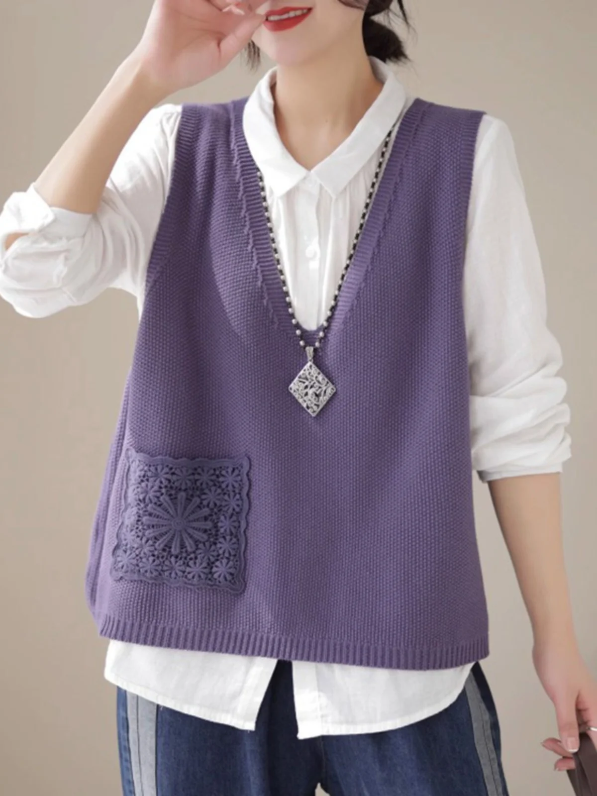 Women's Knitted Vest Purple Ladies Sweater Original Style Casual Shoulder Pad Stackable Sweater Knitwear Fashion Commute Style