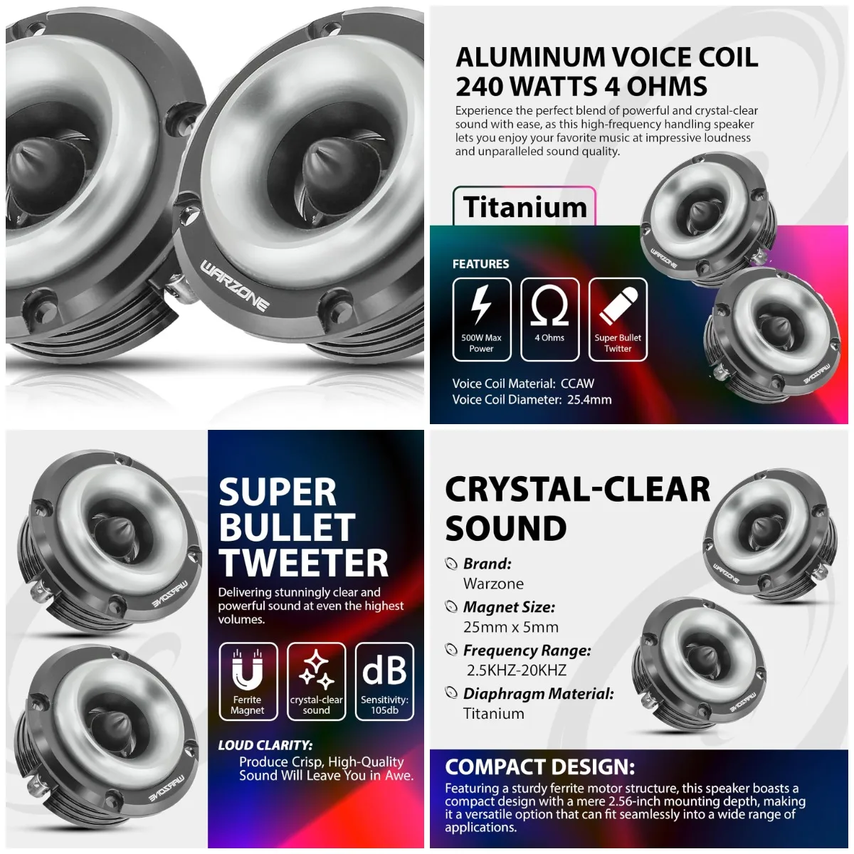 

2 супер твитера WZ20TW 2,88 дюйма, 4 Ом, макс. 1000 Вт, 105 дБ, титановая диафрагма, звуковая катушка CCAW для автомобильной аудиосистемы (пара)