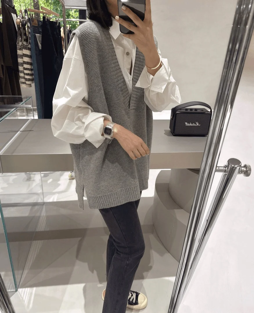 루즈핏 브이넥 여성 니트 베스트 2024 가을 패션 단색 중간 길이 한국 스타일 다용도 아우터 탑