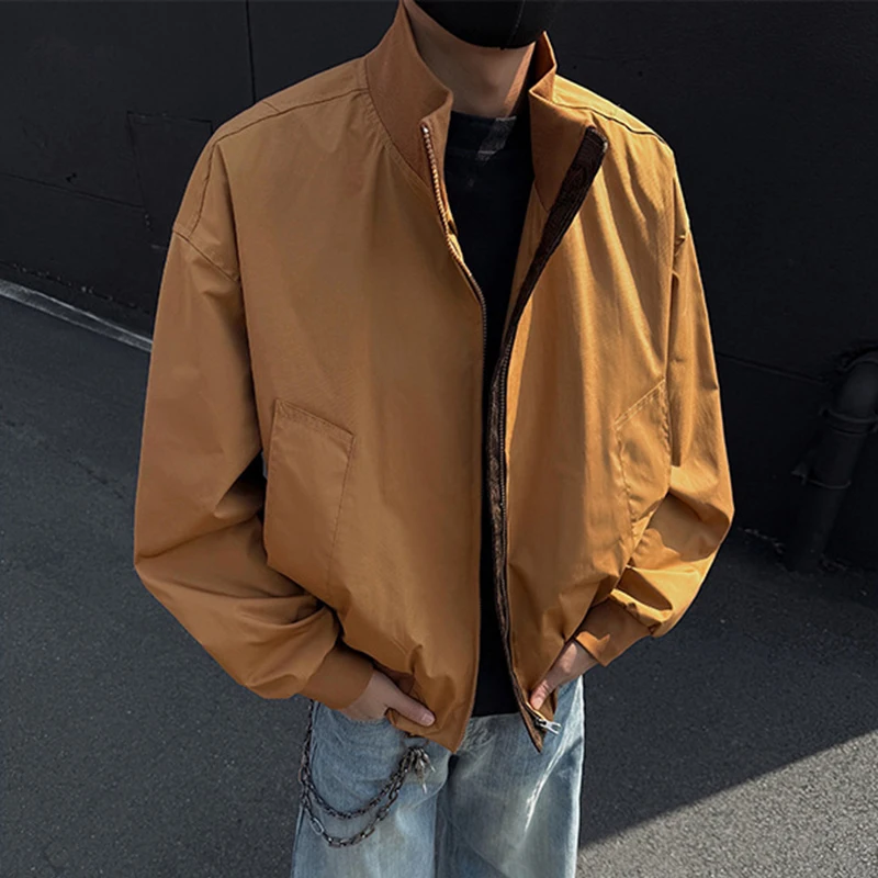 

2025 Мужская новая свободная куртка на молнии, весенне-осенняя модная уличная куртка с воротником-стойкой, мужская однотонная куртка-бомбер с большим карманом