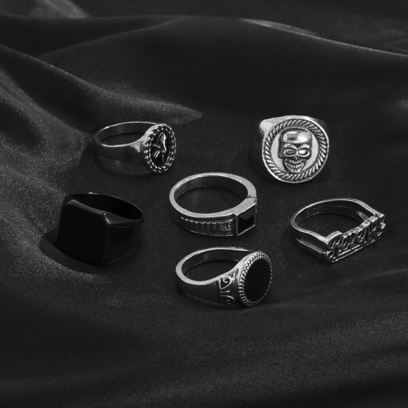 6Pcs Vintage Black Stone Rings for Men Gothic Skeleton Portrait Couple Emo Y2k Fashion Jewelry Ring Set for Women Men image 5
