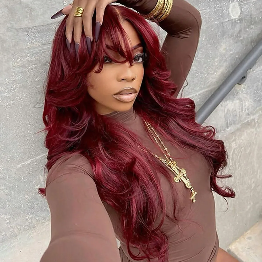 

99J Burgundy 13x6 Lace Front Human Hair 200 Density Body Wave 13x4 30 40 Inch Red Colored Lace Frontal Wigs Brazilian For Women