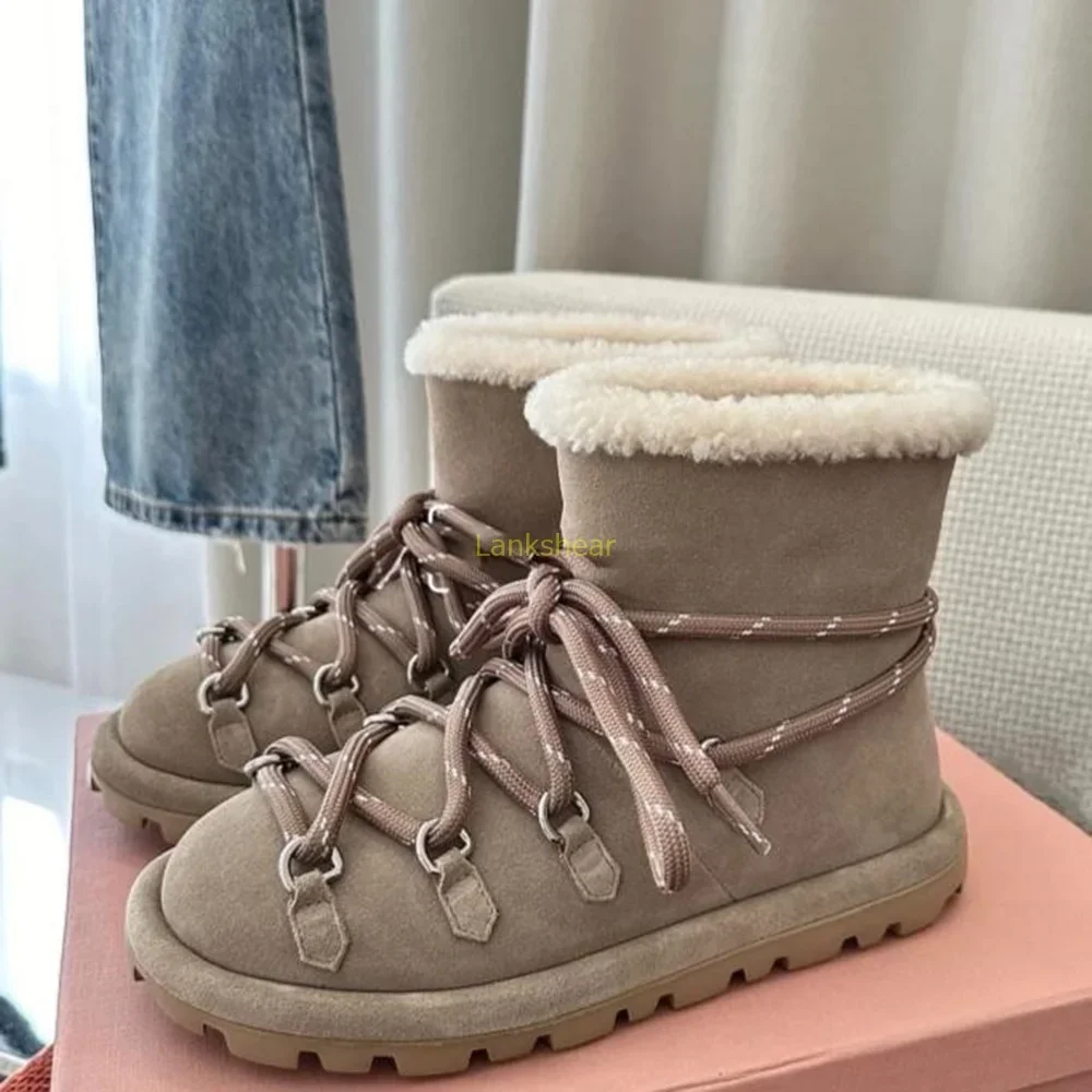 

Fur Suede Cross Tied Snow Boots Sexy Round Toe Thcik Heel Slip On Belt Buckle New Arrivals Fashion Women Boots