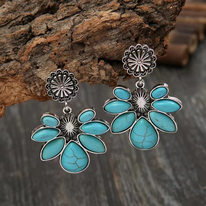 Free Shipping Vintage Natural Turquoise Dangle Earrings For Women Jewelry Trendy Stone Silver Color Party Gift