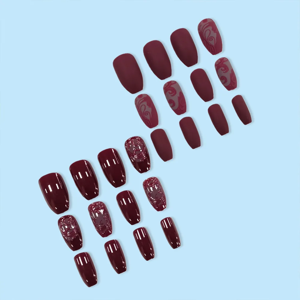 24個入り ヴィンテージ プレミアム ワインレッド プレスオンネイル エンボス加工＆ソリッドカラー ロングコフィンシェイプ 各種サイズ