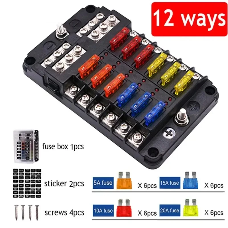 Car Boat Fuse Box Holder With 12 Way Blade Fuse Holder Block & Warning Indicator 12V~24V Power Distribution Panel Board